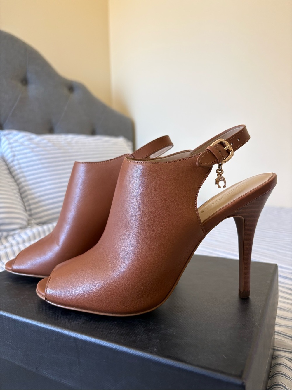 Coach Brown Leather Peep-Toe Slingback Heels with Charm